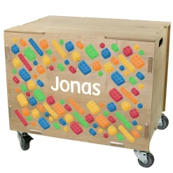 Personalisierte Rollbox aus Holz von clipfritz - Bunte Bausteinwelt | Kinder-Spielzeugkiste mit Name