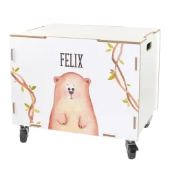 Personalisierte Rollbox aus Holz mit Bären-Motiv von clipfritz | Spielzeugkiste für Kinder mit Name