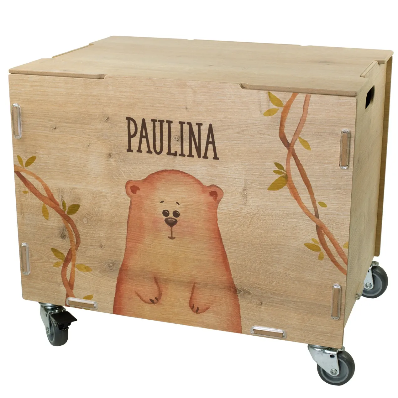 Personalisierte Rollbox aus Holz mit Bären-Motiv von clipfritz | Spielzeugkiste für Kinder mit Name