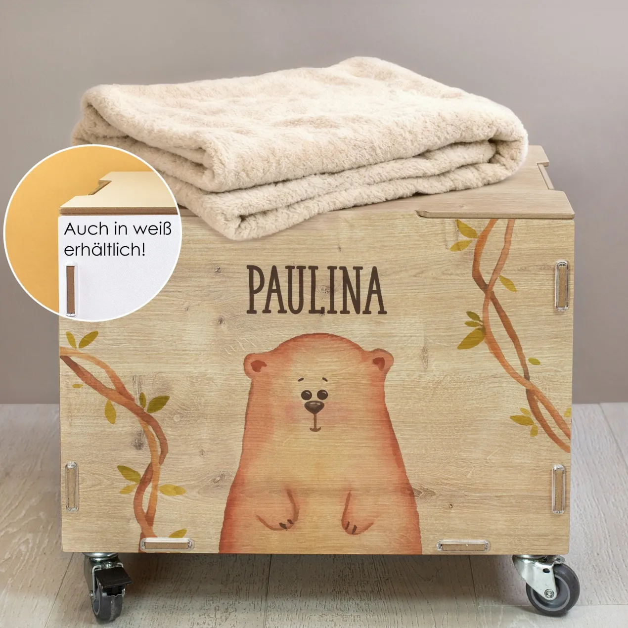 Personalisierte Rollbox aus Holz mit Bären-Motiv von clipfritz | Spielzeugkiste für Kinder mit Name