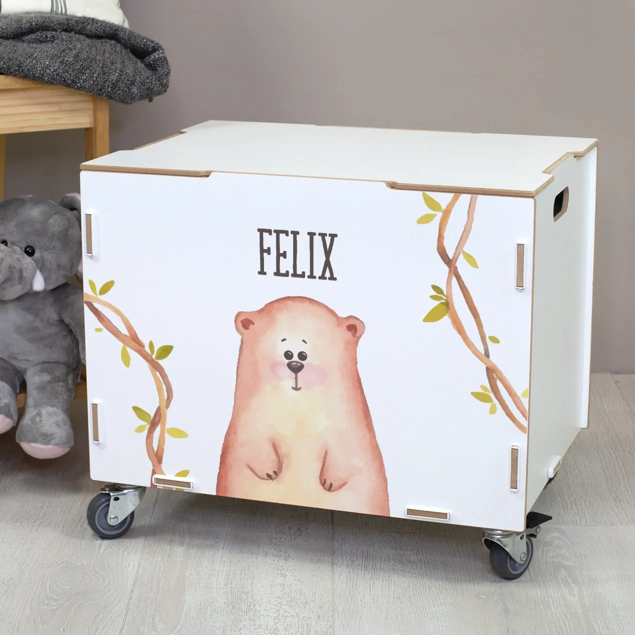 Personalisierte Rollbox aus Holz mit Bären-Motiv von clipfritz | Spielzeugkiste für Kinder mit Name