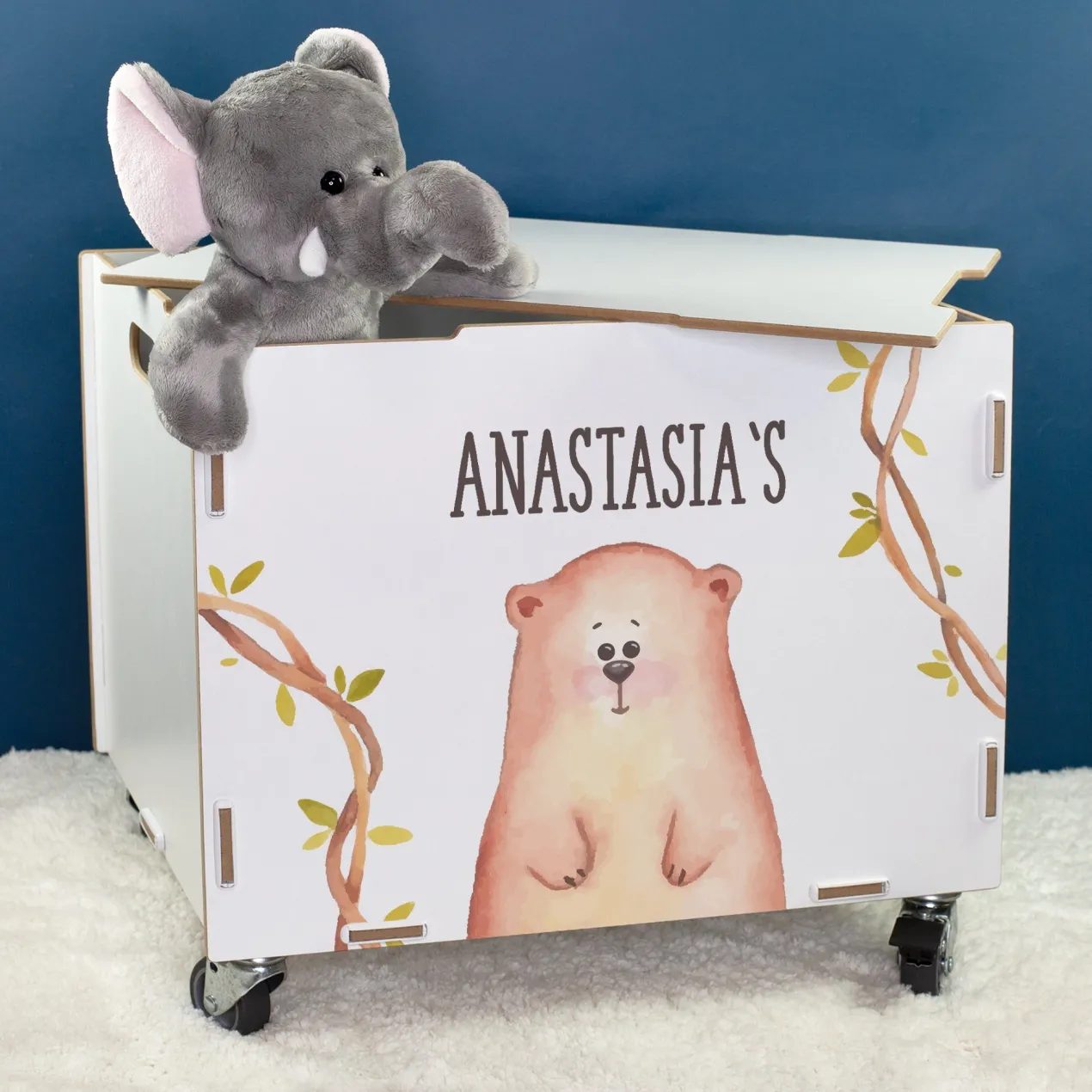 Personalisierte Rollbox aus Holz mit Bären-Motiv von clipfritz | Spielzeugkiste für Kinder mit Name