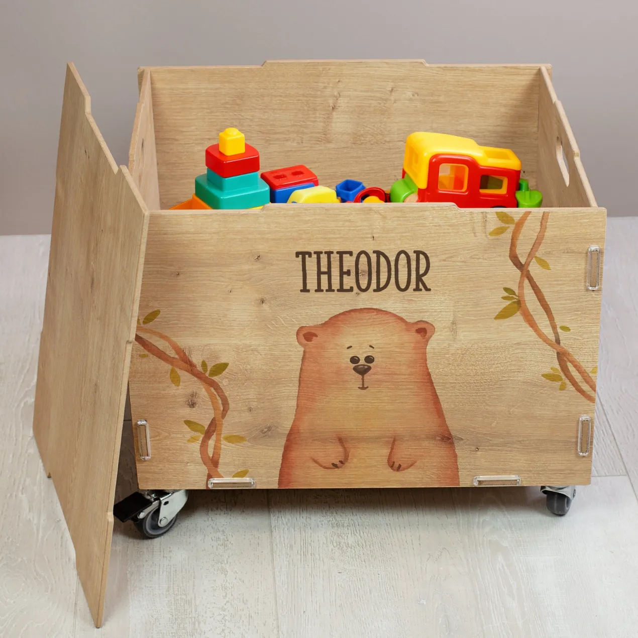 Personalisierte Rollbox aus Holz mit Bären-Motiv von clipfritz | Spielzeugkiste für Kinder mit Name