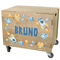 Personalisierte Rollbox aus Holz von clipfritz - Spielzeugkiste mit Weltraum Motiv & Name für Jungen