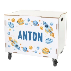 Personalisierte Rollbox aus Holz von clipfritz - Spielzeugkiste mit Weltraum Motiv & Name für Jungen