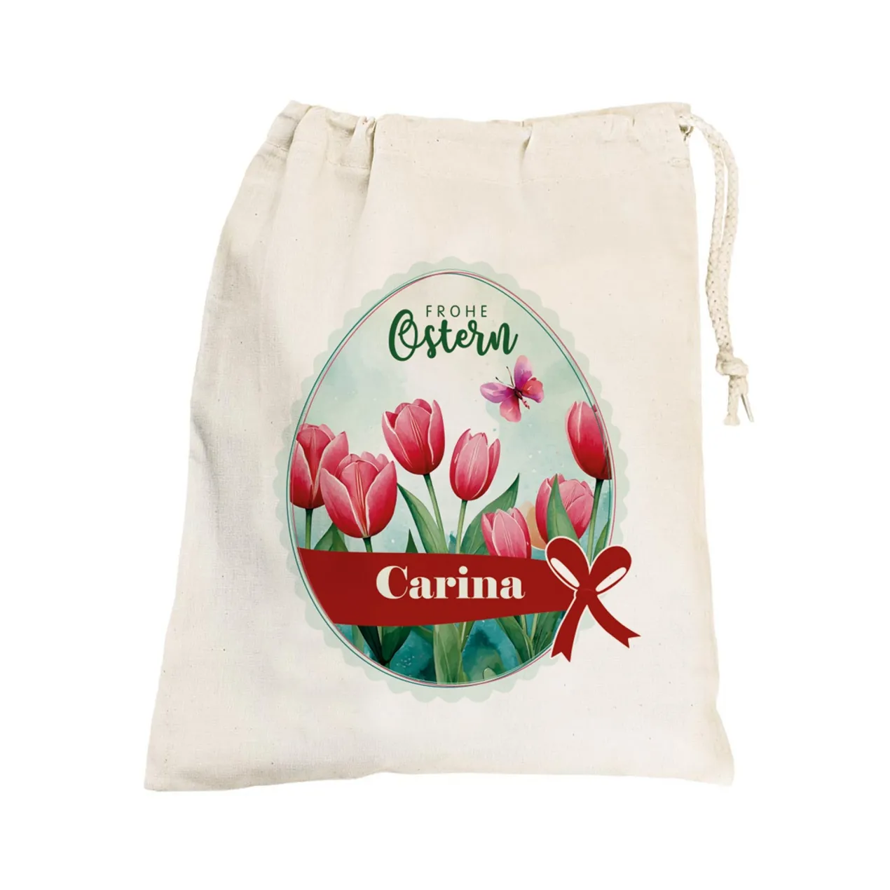 Personalisierter Osterbeutel mit Name & Tulpenmotiv aus Baumwolle