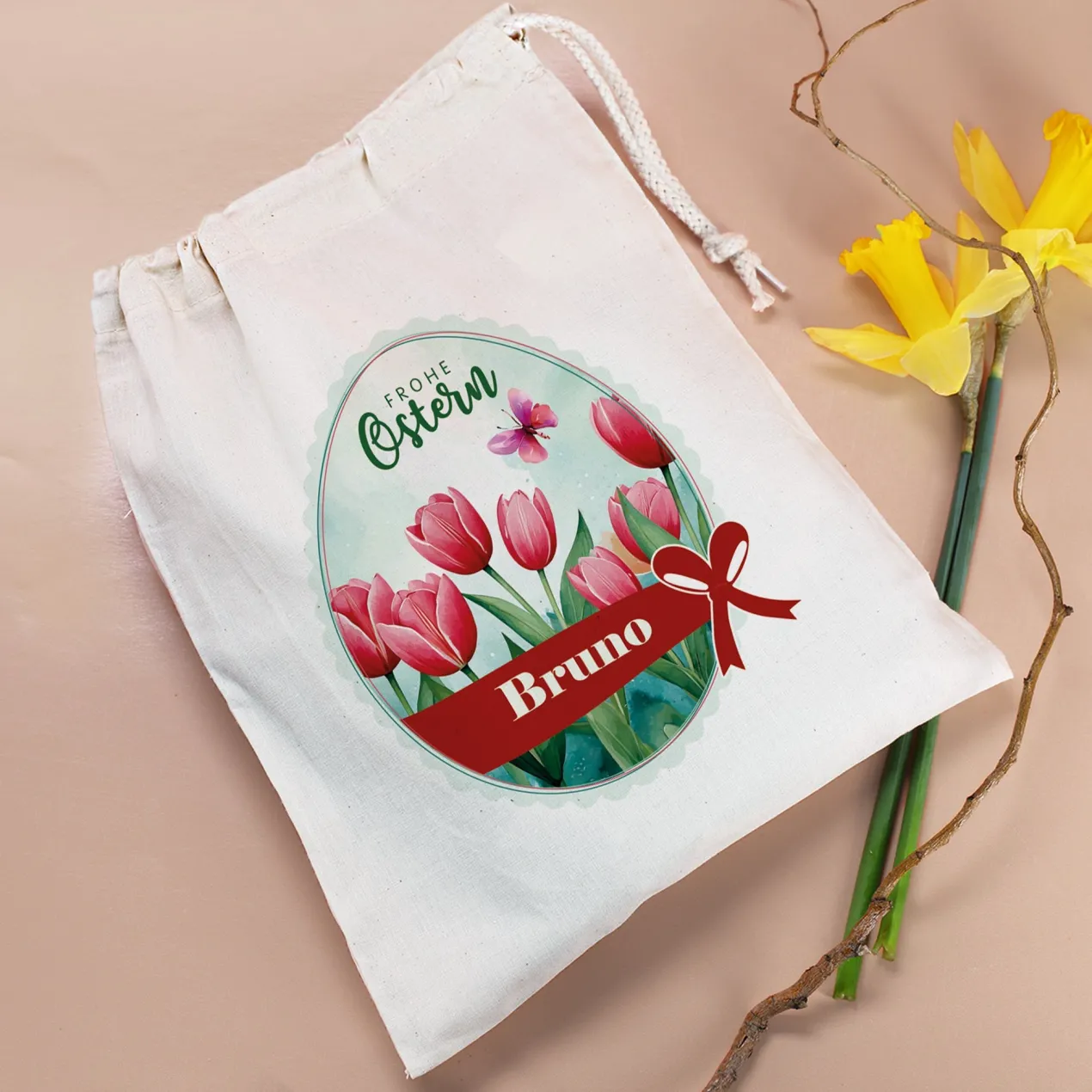 Personalisierter Osterbeutel mit Name & Tulpenmotiv aus Baumwolle