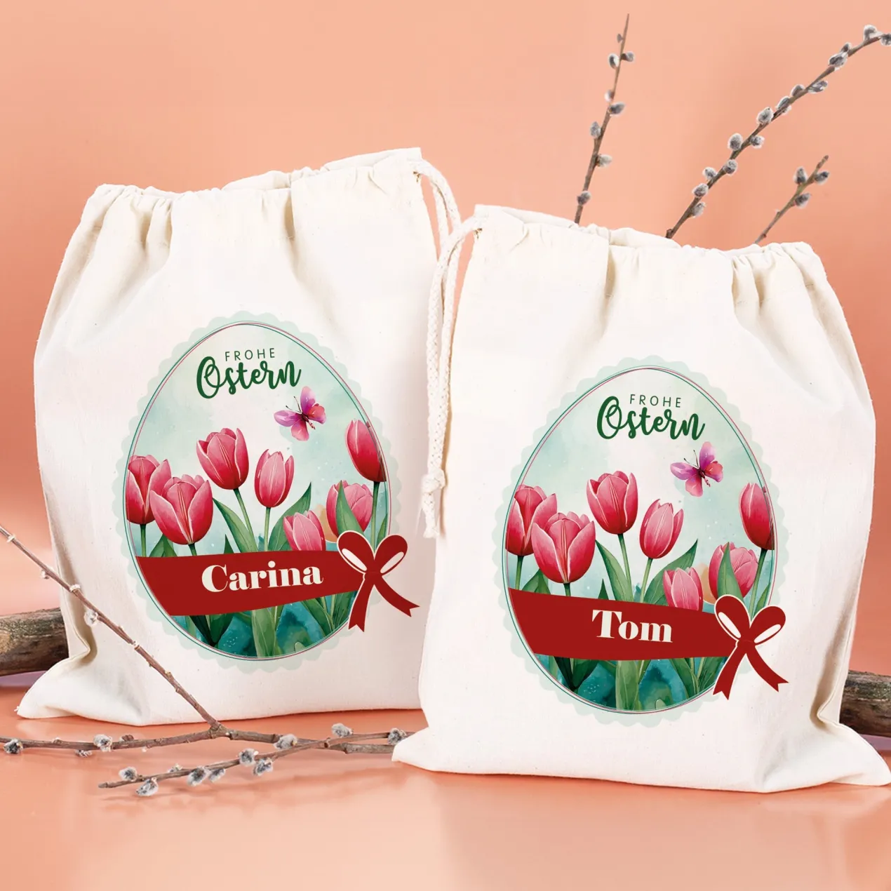 Personalisierter Osterbeutel mit Name & Tulpenmotiv aus Baumwolle