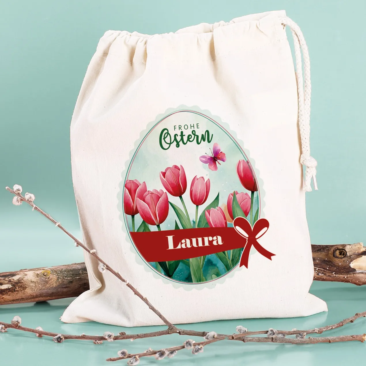 Personalisierter Osterbeutel mit Name & Tulpenmotiv aus Baumwolle