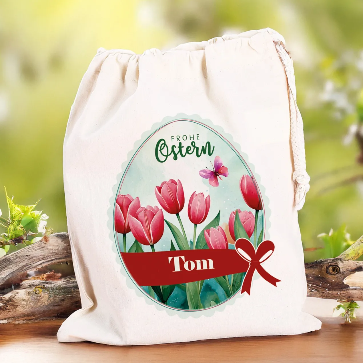 Personalisierter Osterbeutel mit Name & Tulpenmotiv aus Baumwolle