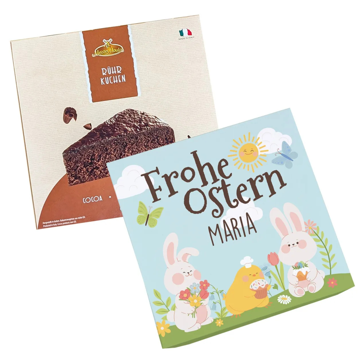 Personalisierter Osterkuchen mit Name in Geschenkbox - Frohe Ostern | Zitrone, Vanille oder Schoko