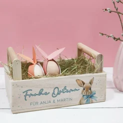 Personalisierter Pflanzkorb zu Ostern aus Holz | Geschenkkorb mit Hasenmotiv | Holzkiste in 3 Varianten