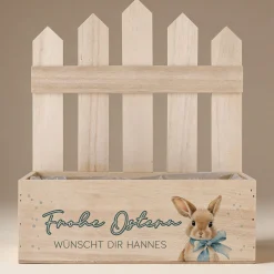 Personalisierter Pflanzkorb zu Ostern aus Holz | Geschenkkorb mit Hasenmotiv | Holzkiste in 3 Varianten