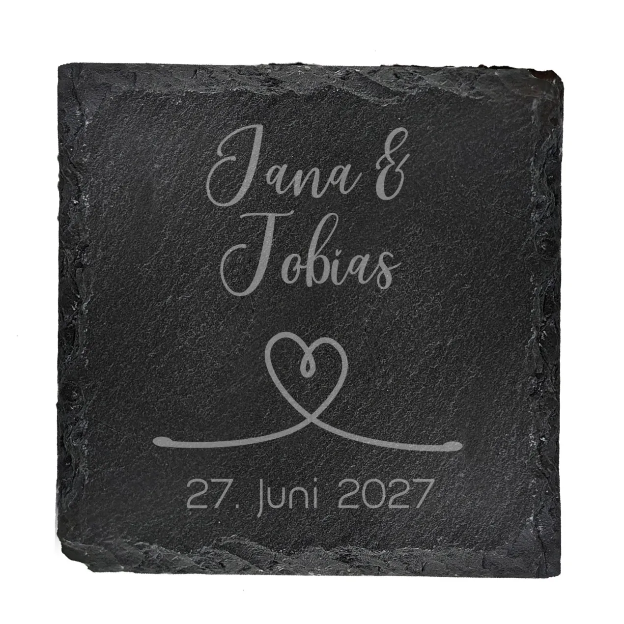 Personalisierter Schiefer-Untersetzer für den Hochzeitstisch mit Gravur | Love Motiv