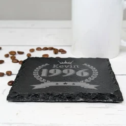 Personalisierter Schiefer-Untersetzer mit Gravur zum Geburtstag & Jubiläum | Kronen Motiv
