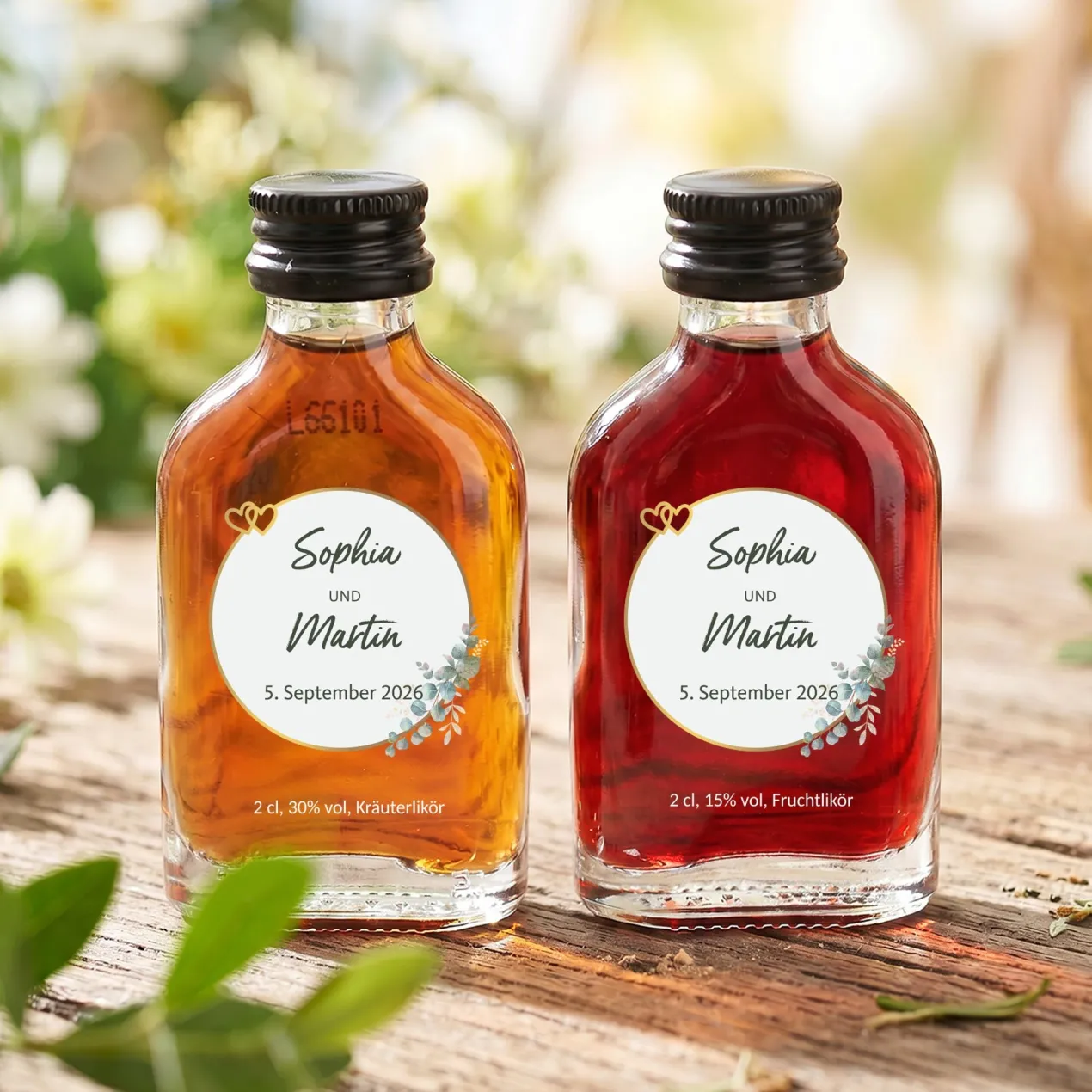 Personalisierter Schnaps zur Hochzeit als Gastgeschenk | 20 ml Fruchtlikör oder Kräuterlikör