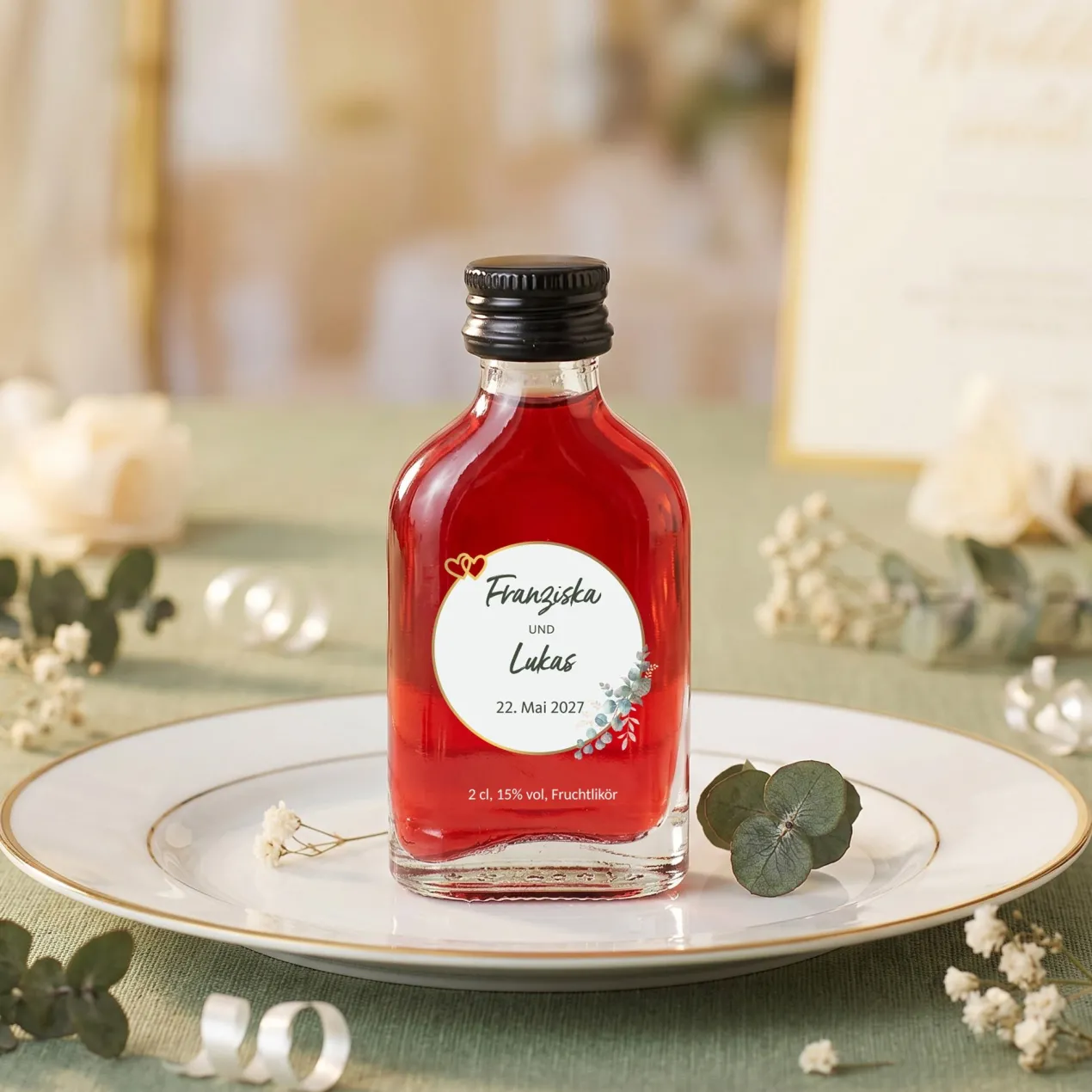 Personalisierter Schnaps zur Hochzeit als Gastgeschenk | 20 ml Fruchtlikör oder Kräuterlikör