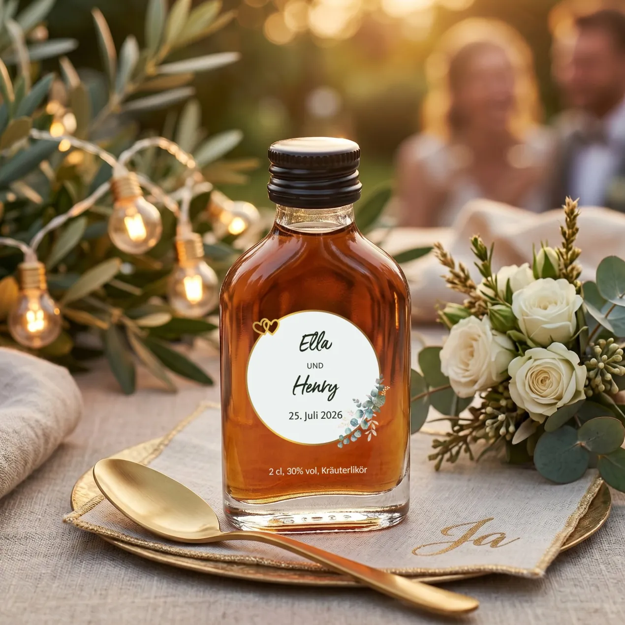 Personalisierter Schnaps zur Hochzeit als Gastgeschenk | 20 ml Fruchtlikör oder Kräuterlikör