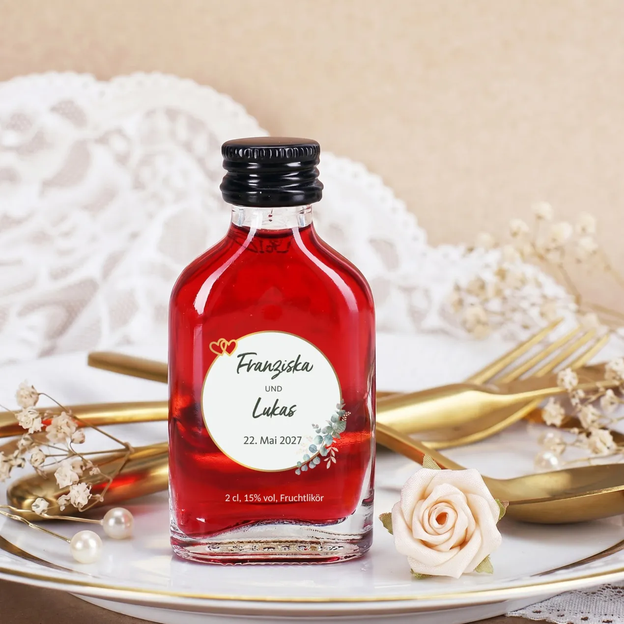 Personalisierter Schnaps zur Hochzeit als Gastgeschenk | 20 ml Fruchtlikör oder Kräuterlikör