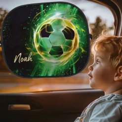Personalisierter Sonnenschutz mit modernen Fußball-Motiv für das Autofenster