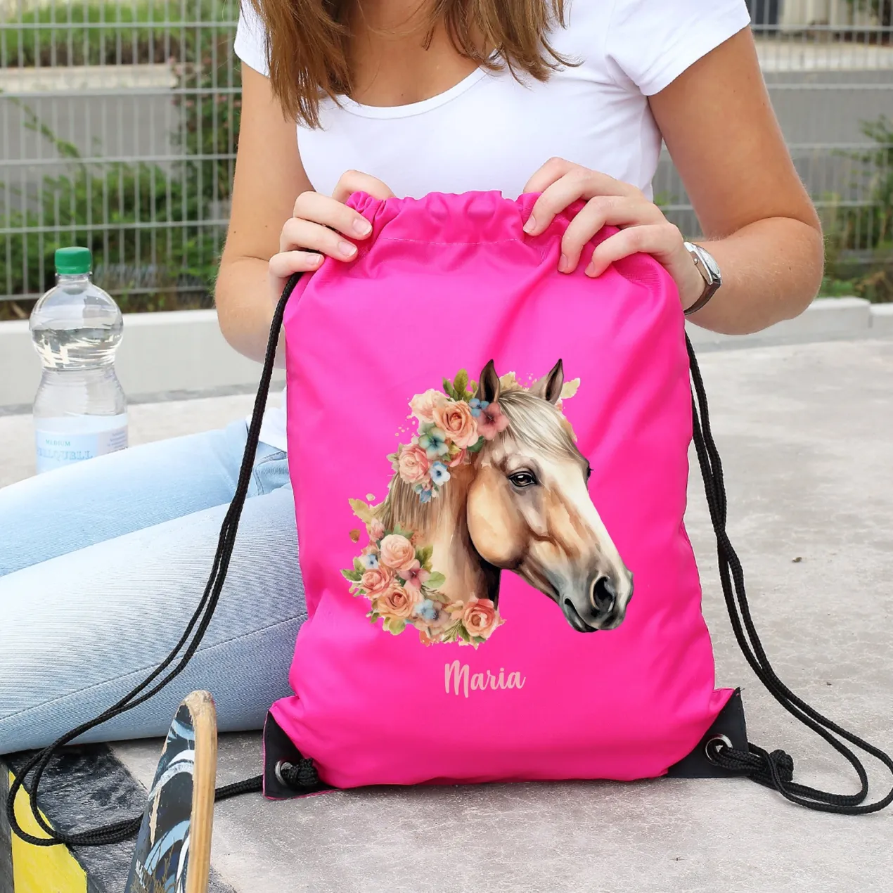 Personalisierter Sportbeutel mit Pferdemotiv und Name in Pink | Turnbeutel für Mädchen & Sport