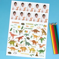 Personalisierter Stickerbogen mit Dino-Motiven & 10 Fotos | Aufkleber für Schule, Kita, Freundebuch