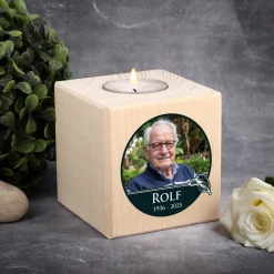 Personalisierter Teelichthalter als Trauerkerze mit Foto | Calla-Motiv