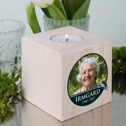Personalisierter Teelichthalter als Trauerkerze mit Foto | Calla-Motiv