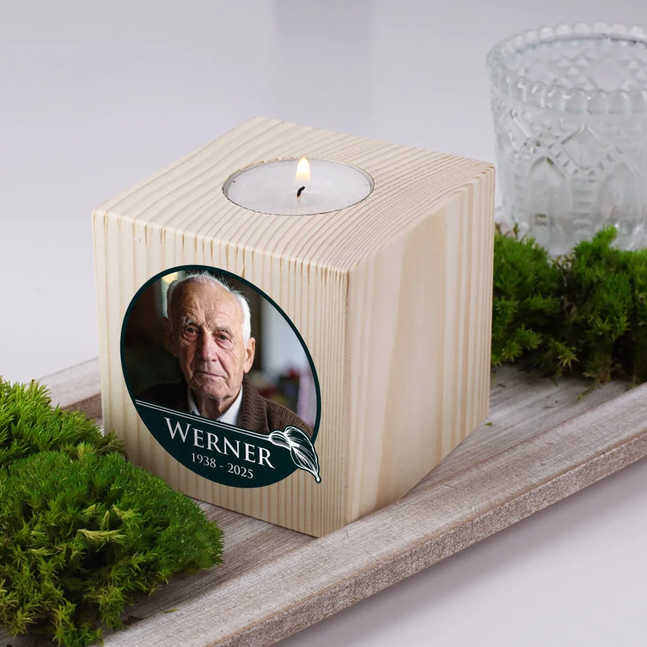 Personalisierter Teelichthalter als Trauerkerze mit Foto | Calla-Motiv
