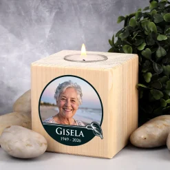 Personalisierter Teelichthalter als Trauerkerze mit Foto | Calla-Motiv