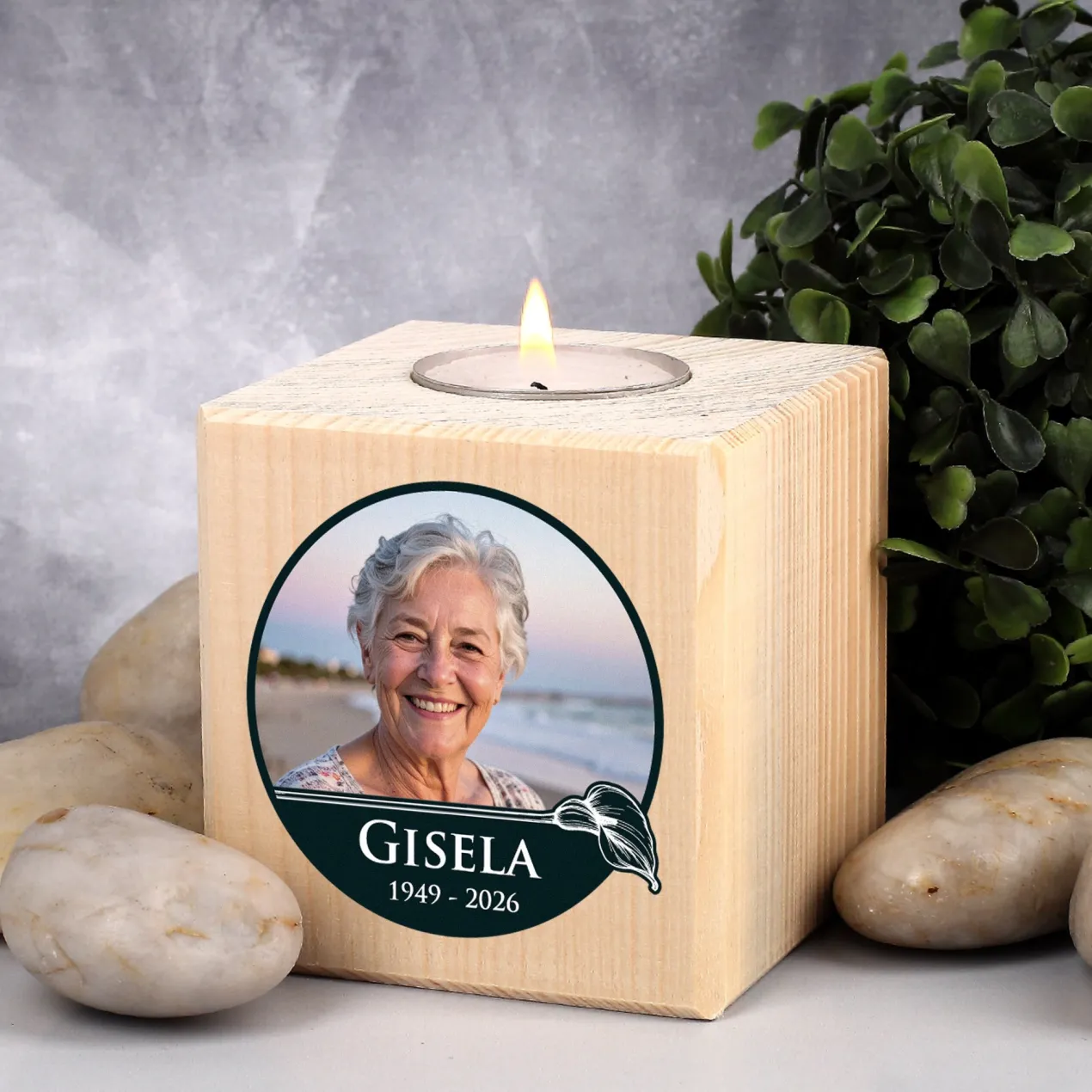 Personalisierter Teelichthalter als Trauerkerze mit Foto | Calla-Motiv