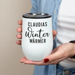 Personalisierter Thermobecher mit Name und Winterwärmer-Motiv in 2 Farben | Geschenk zu Weihnachten