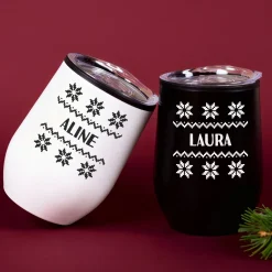 Personalisierter Thermobecher mit Strickmotiv & Name in 2 Farben | Geschenk zu Weihnachten