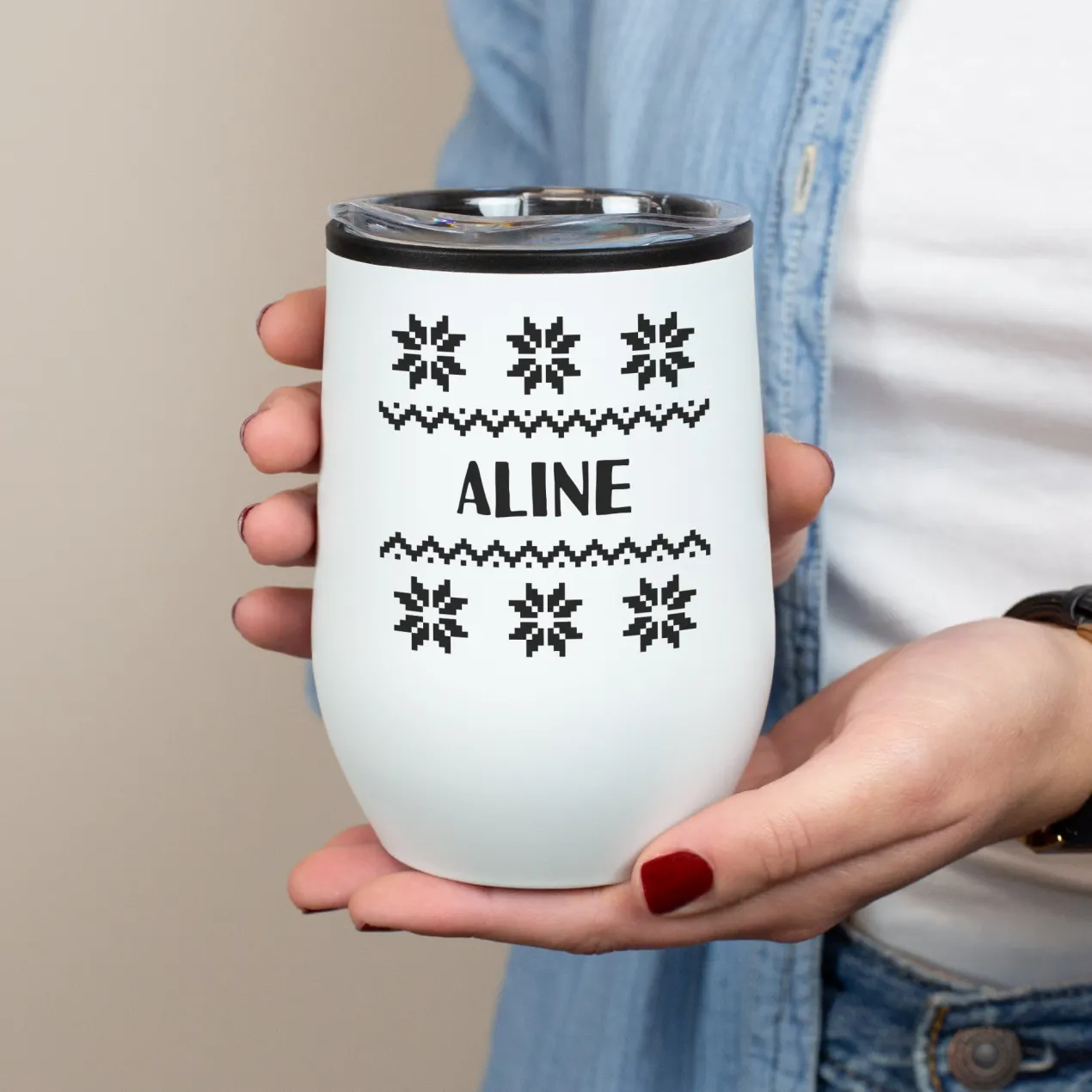 Personalisierter Thermobecher mit Strickmotiv & Name in 2 Farben | Geschenk zu Weihnachten