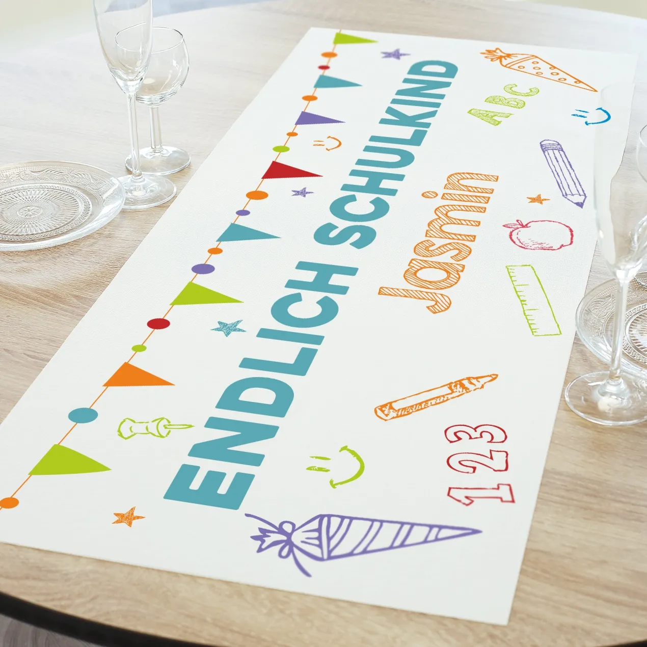 Personalisierter Tischläufer zur Einschulung mit Name | Endlich Schulkind | 2 Größen