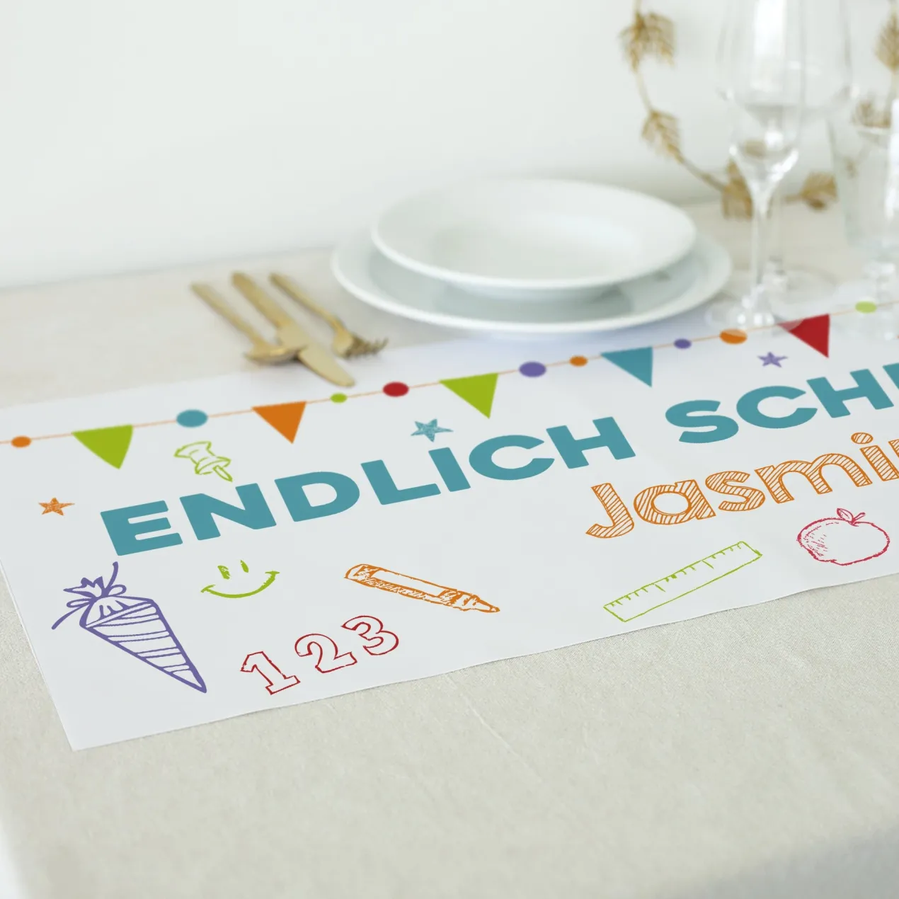 Personalisierter Tischläufer zur Einschulung mit Name | Endlich Schulkind | 2 Größen