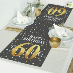 Personalisierter Tischläufer zum Geburtstag mit Name & Alter in Schwarz | Zwei Längen | Konfetti Motiv