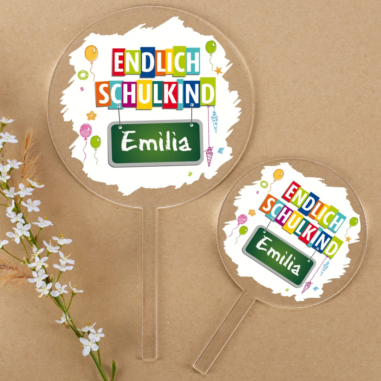 Personalisierter Tortentopper 'Endlich Schulkind' mit Name | Acryl Caketopper zur Einschulung