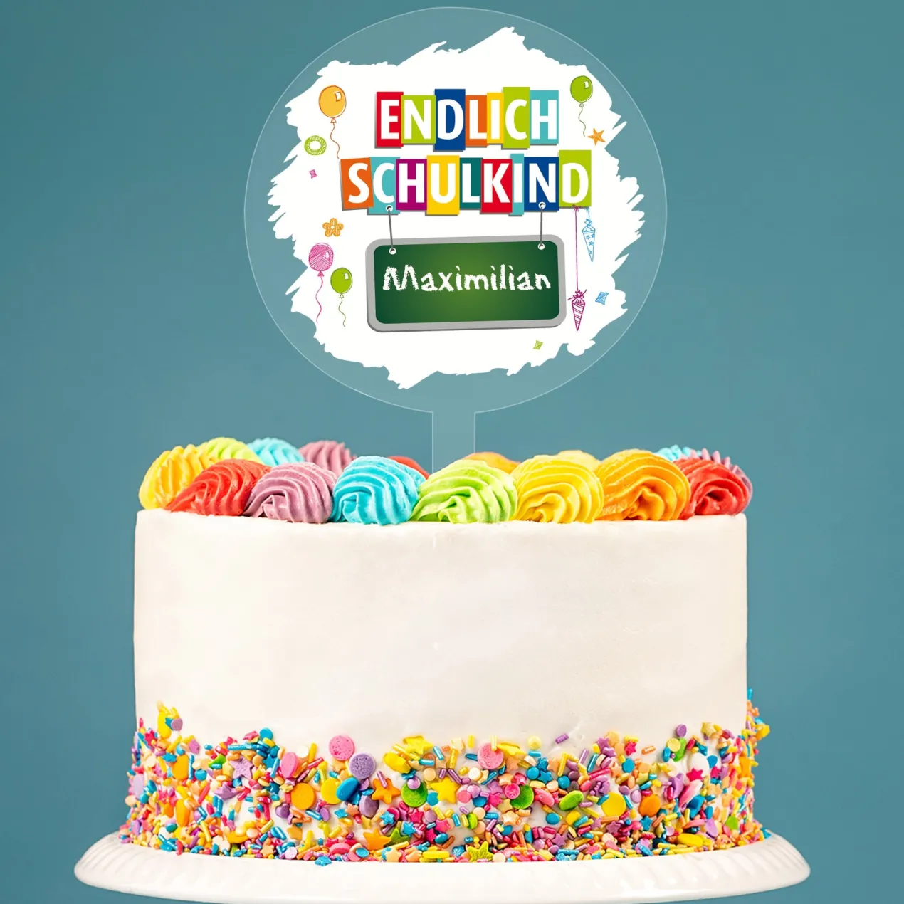 Personalisierter Tortentopper 'Endlich Schulkind' mit Name | Acryl Caketopper zur Einschulung