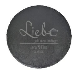 Personalisierte runde Servierplatte aus Schiefer mit Namen und Datum für Paare | Liebe