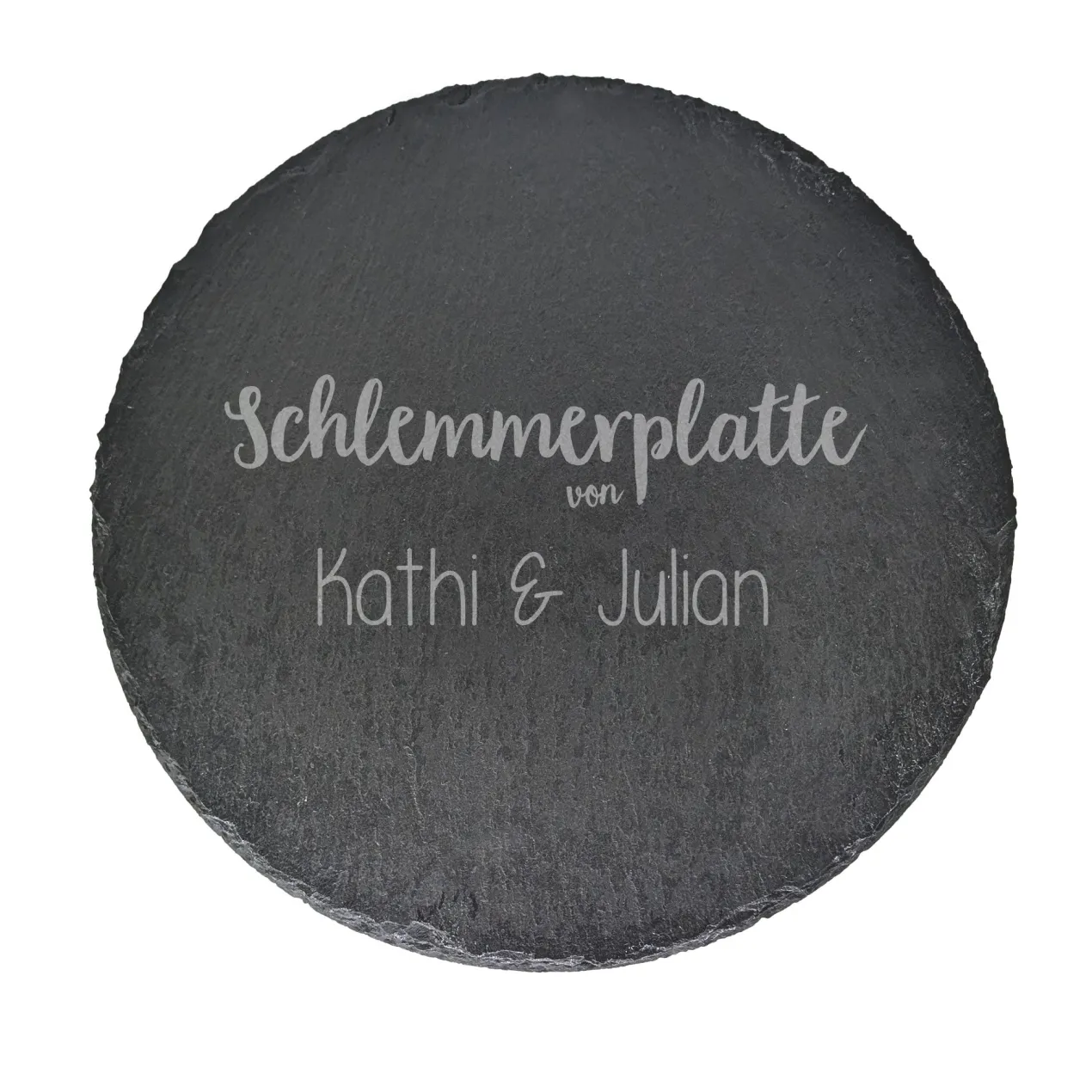 Personalisierte runde Servierplatte aus Schiefer mit Namen für Paare | Schlemmerplatte