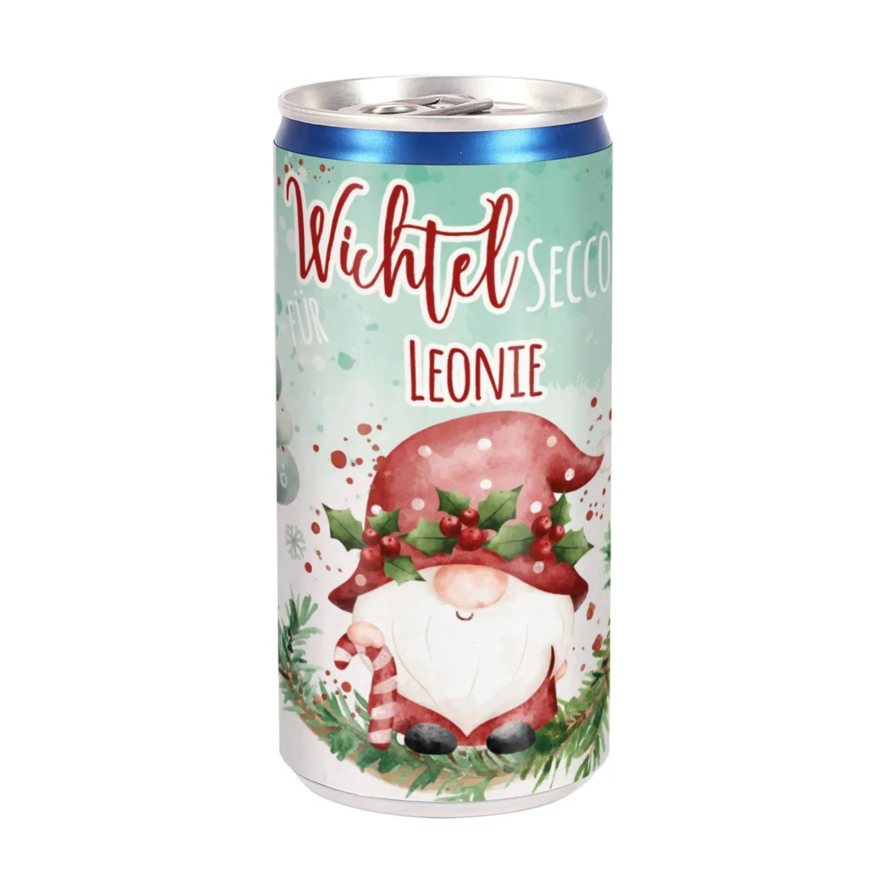 Personalisierter Wichtel Secco in der Dose mit Name | Weihnachtsgeschenk mit Wichtelmotiv