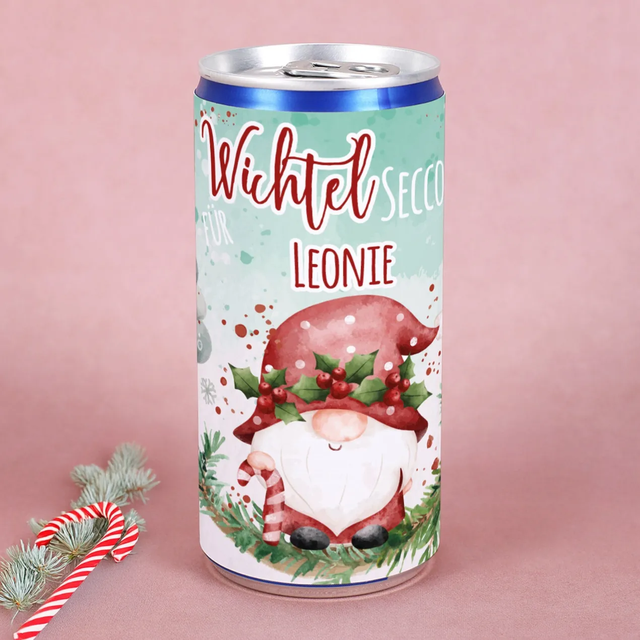 Personalisierter Wichtel Secco in der Dose mit Name | Weihnachtsgeschenk mit Wichtelmotiv