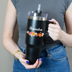 Personalisierter XXL Thermobecher mit Name | Blumenkranz | 1,2 Liter Thermo Cup