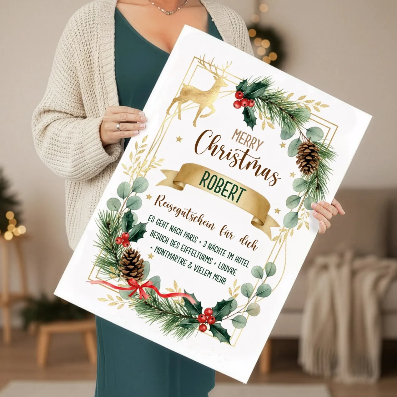 Personalisierter XXL Weihnachtsgutschein mit Name und Wunschtext | Extra große DIY-Klappkarte 50×70cm