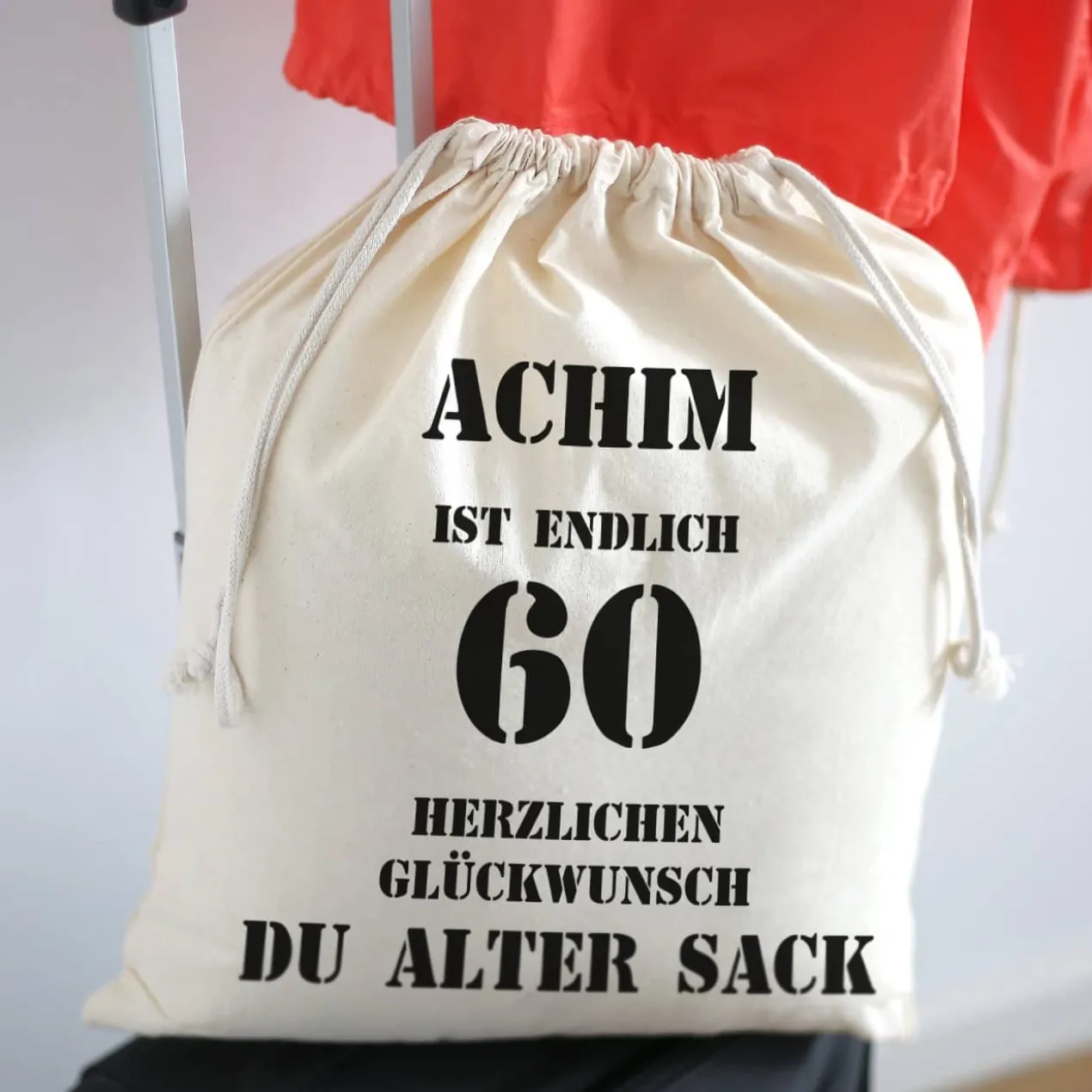 personalisierter Zuziehbeutel zum 60. Geburtstag des alten Sacks