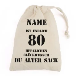 personalisierter Zuziehsack zum 80. Geburtstag eines alten Sacks