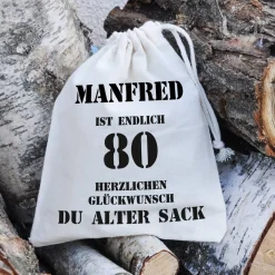 personalisierter Zuziehsack zum 80. Geburtstag eines alten Sacks