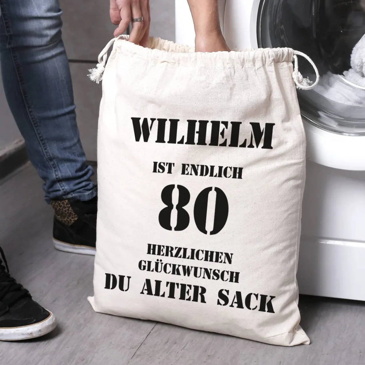 personalisierter Zuziehsack zum 80. Geburtstag eines alten Sacks