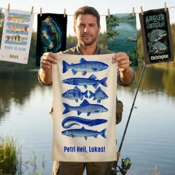 Personalisiertes Angler Handtuch mit Motivauswahl | Geschenk für Fischer | 3 Größen